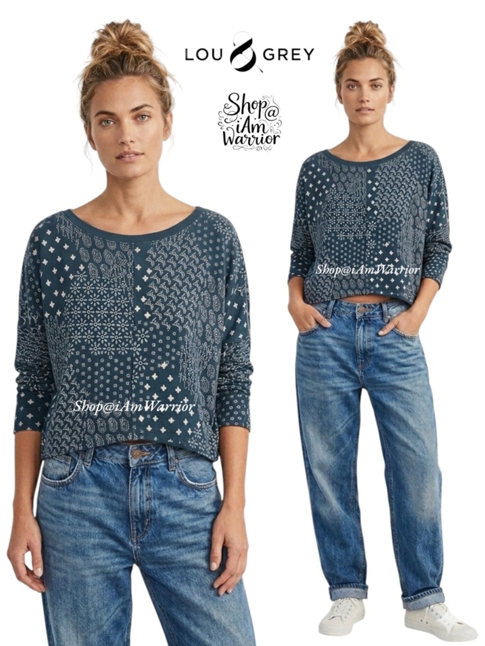 Lou & Grey navy print cropped dolman sleeve sweatshirt *shop@iamwarrior